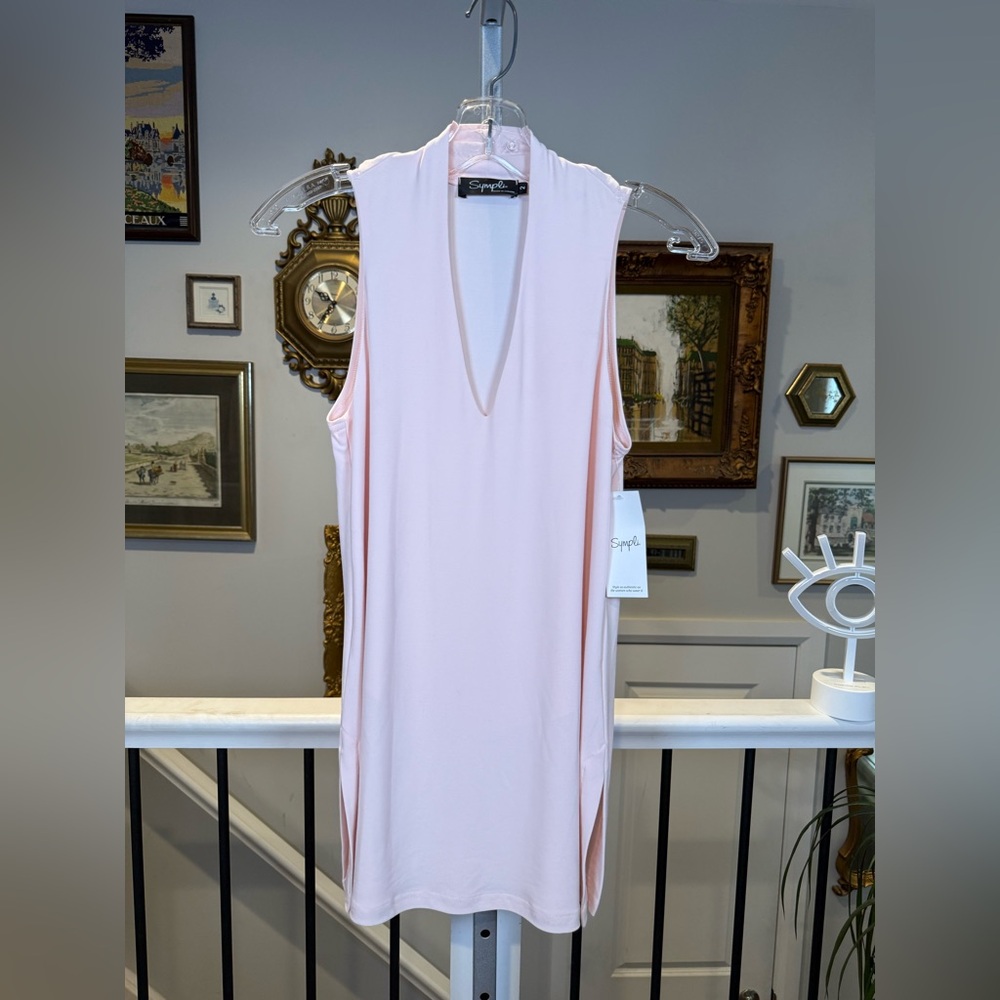 Sympli Sleeveless Deep V Tunic Size 2 Blush Pink Mock Neck Top
